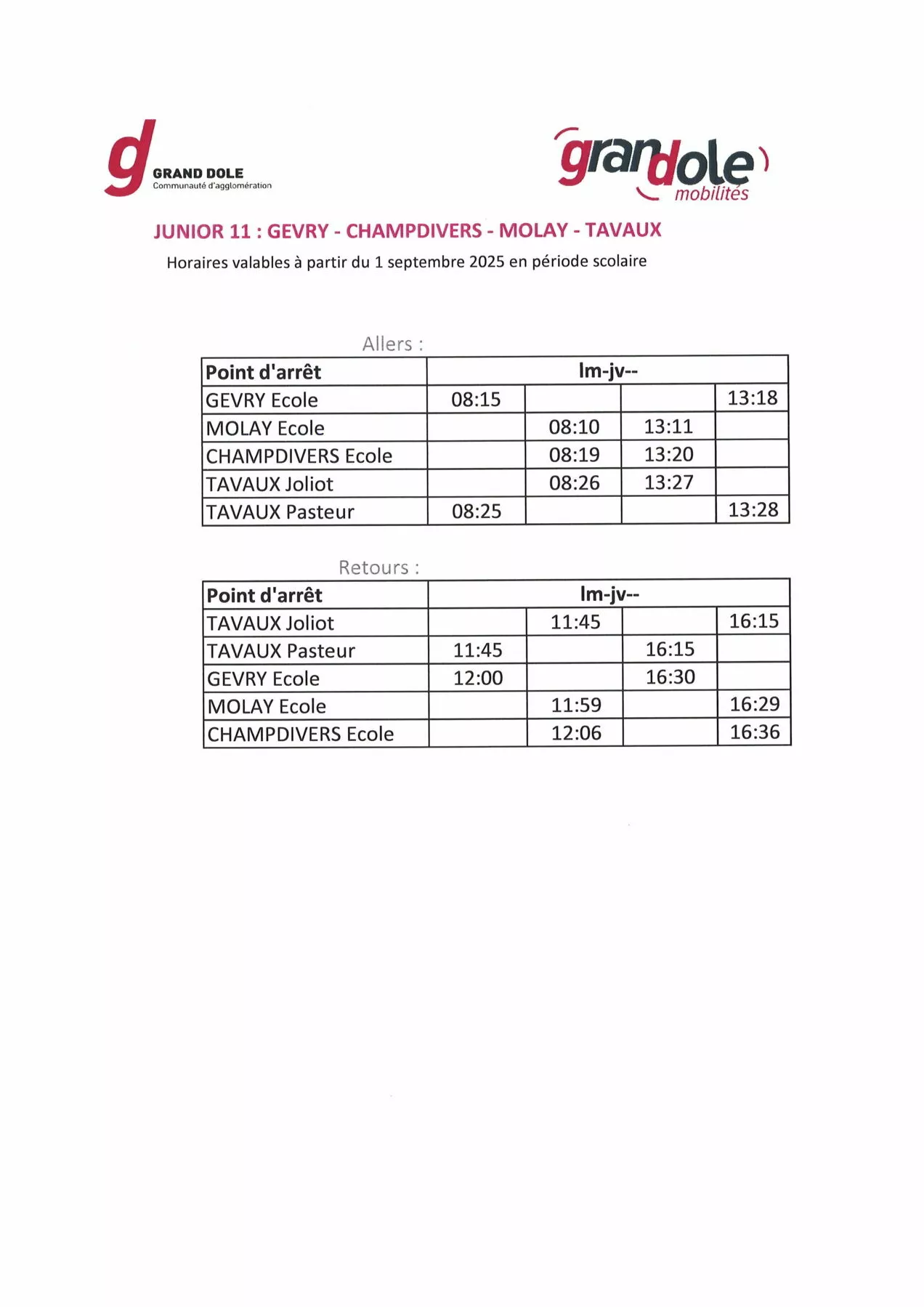 Horaires transports scolaires école primaire