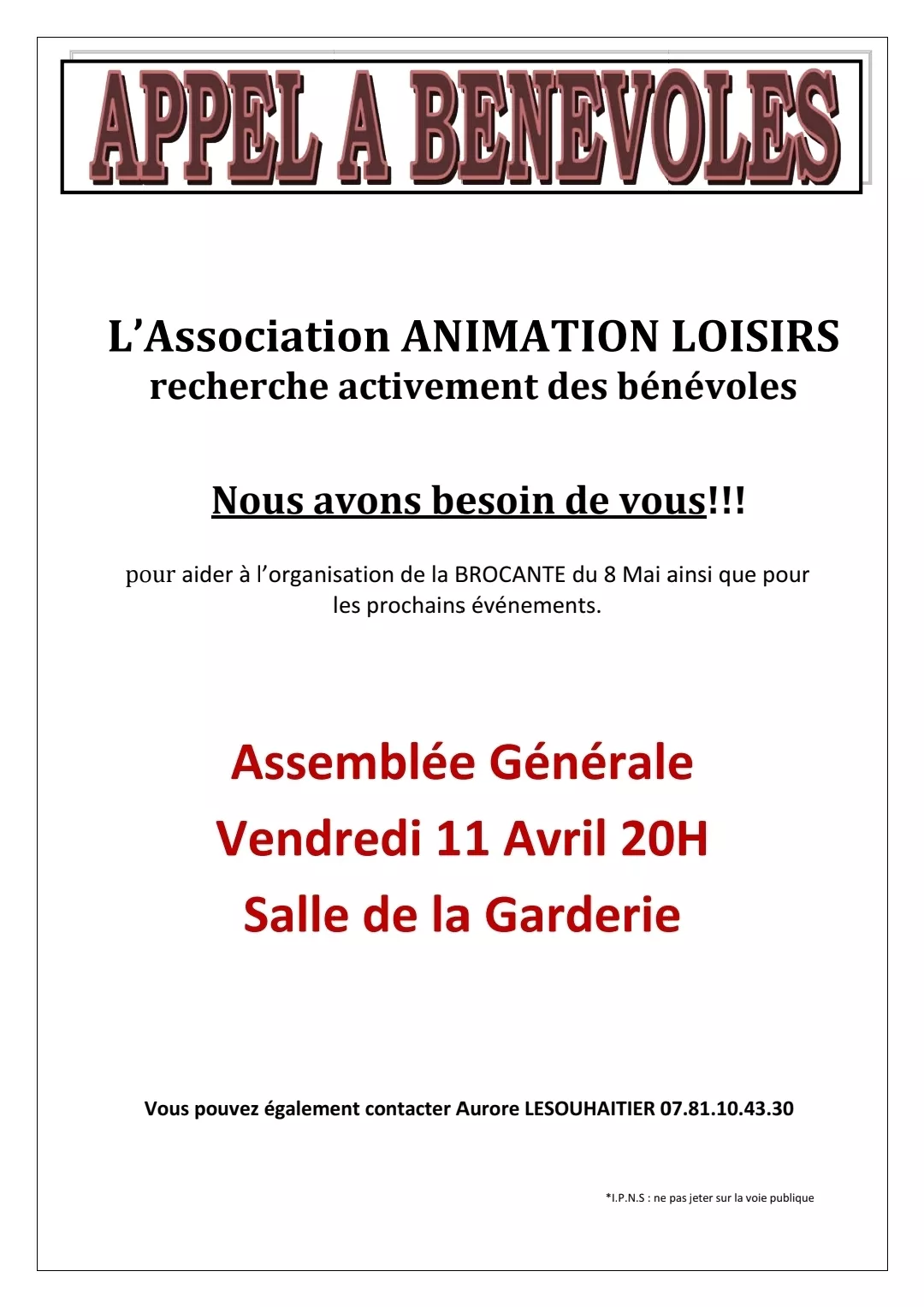 ASSEMBLEE GENERALE de l'Association Animations et Loisirs